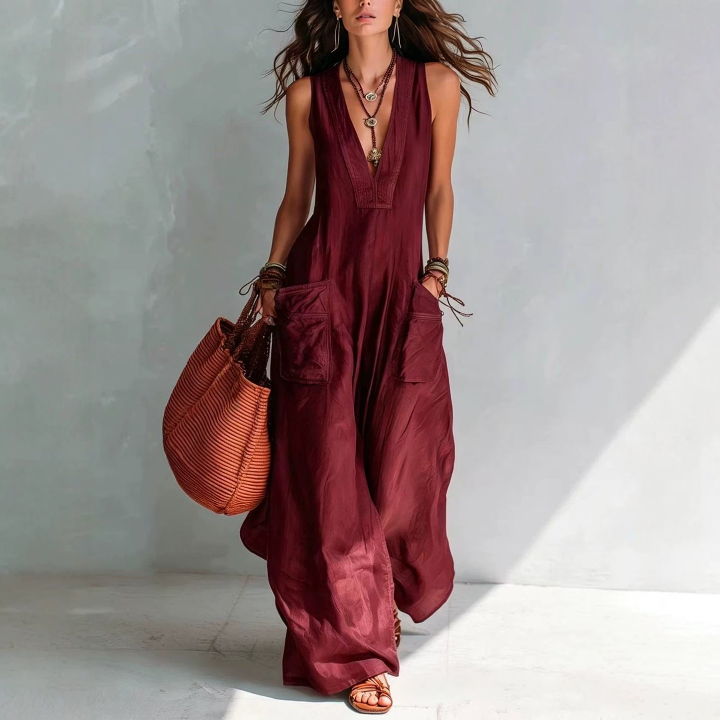 Solid Color Temperament Large Loose Pockets Jumpsuits