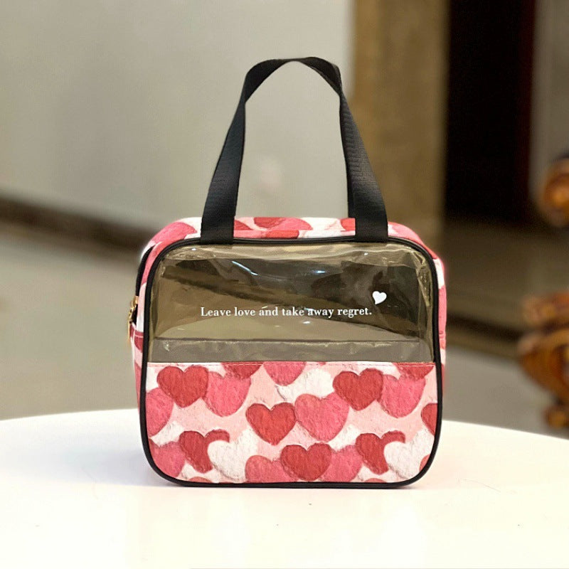 Zipper Translucent Love Peach Heart Flocking Large Capacity Portable Handbags