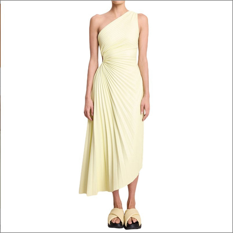 Women's Diagonal Collar Pleated Hollow Dress Satin Dresses