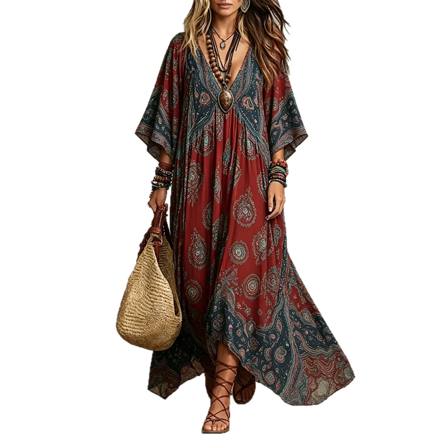 Women's Retro Three-quarter Sleeve Printed Loose Temperament Dress