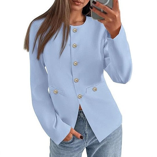 Women's Round Neck Long Sleeves Button Pocket Blouses