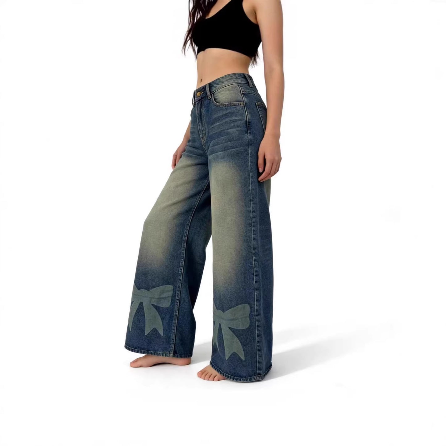 Women's Loose Casual Retro Wide Leg Bow Print Women's Jeans