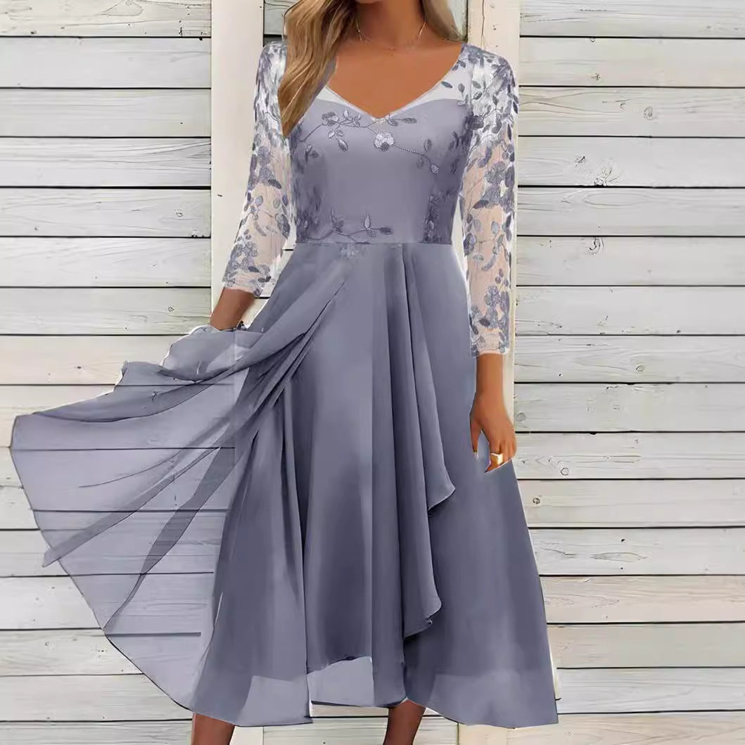 Dress Chiffon Patchwork Mesh Hollow Long Dresses