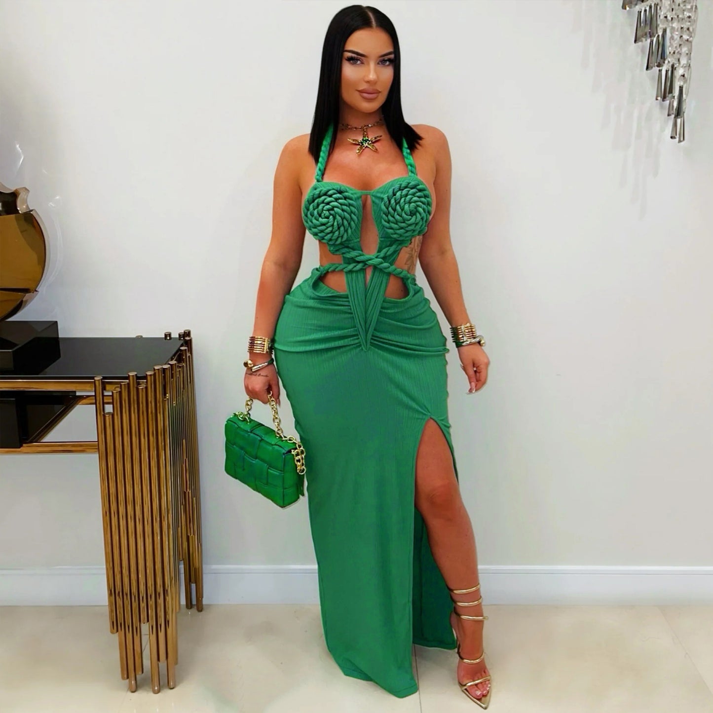 Women's Wear Halter Woven Hollowed Sexy Slit Dresses