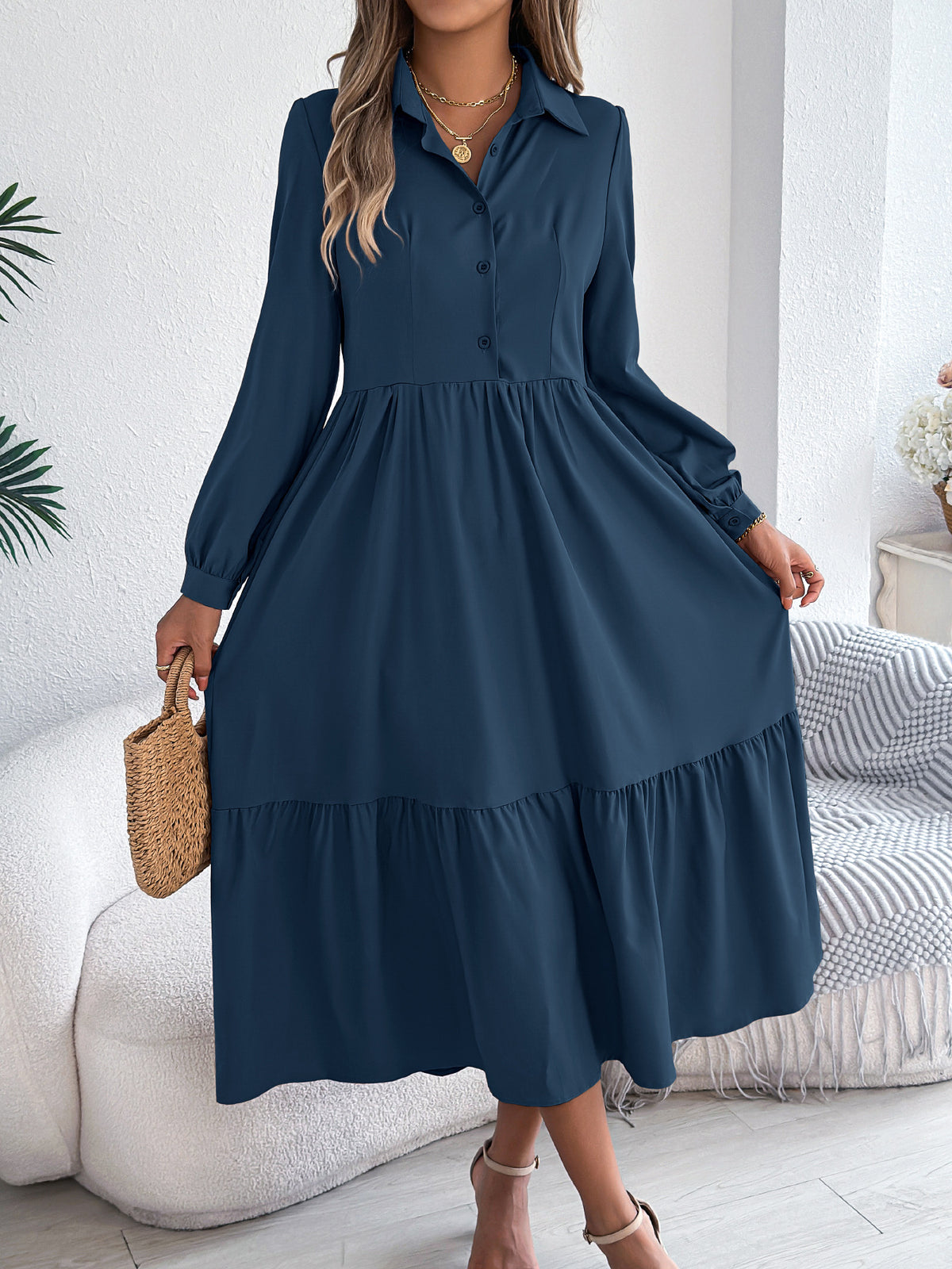 Women's Lapel Casual Loose Long Sleeve Ruffled Clothing