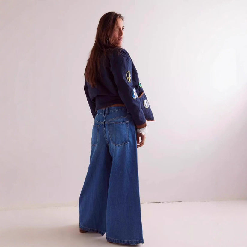 Fashion Retro Characteristic Row Split Color Matching Wide Leg Mopping Women's Jeans