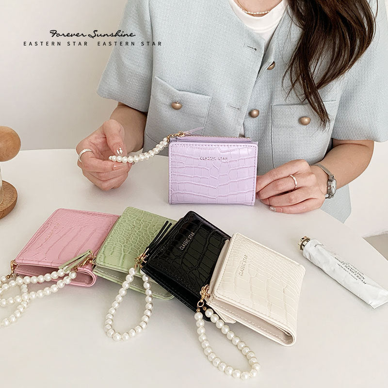 Women's Korean Style Fashion Crocodile Pattern Pearl Chain Ladies Wallets