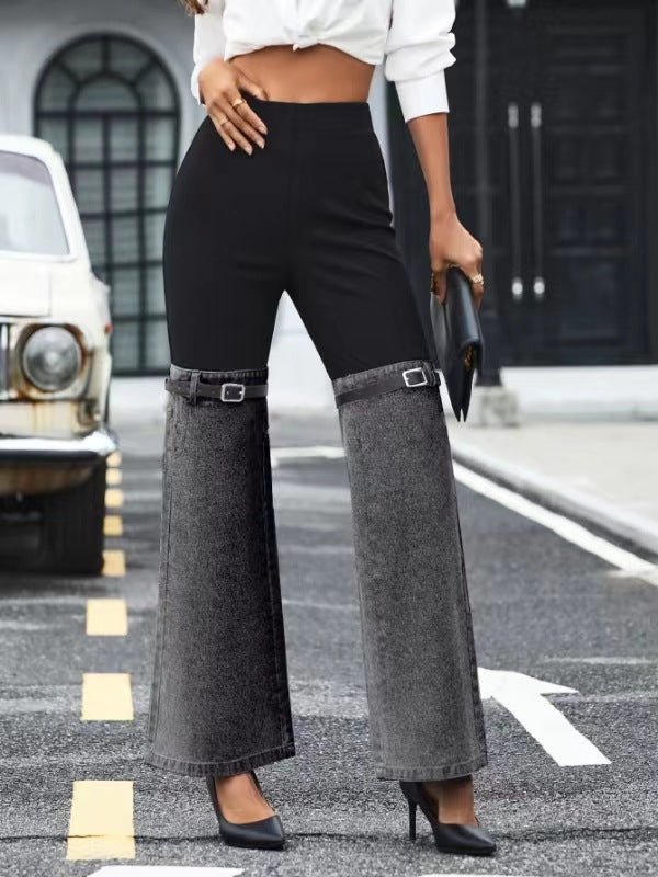 Slim Knit Denim Stitching Elastic Waist Pants