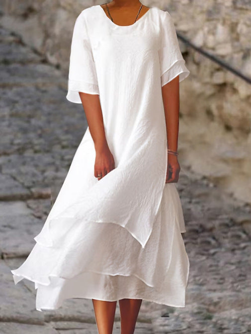Cotton Linen Color Matching Slit Sleeve Dresses