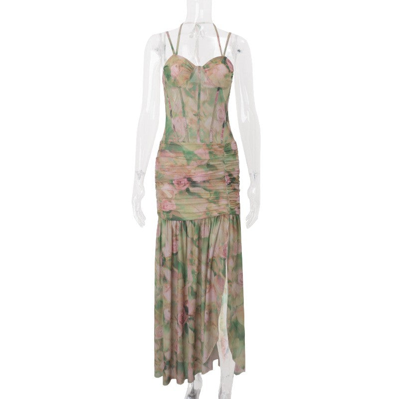 Women's Design Sense Lace Printing Slim Fit Pleated Side Dresses