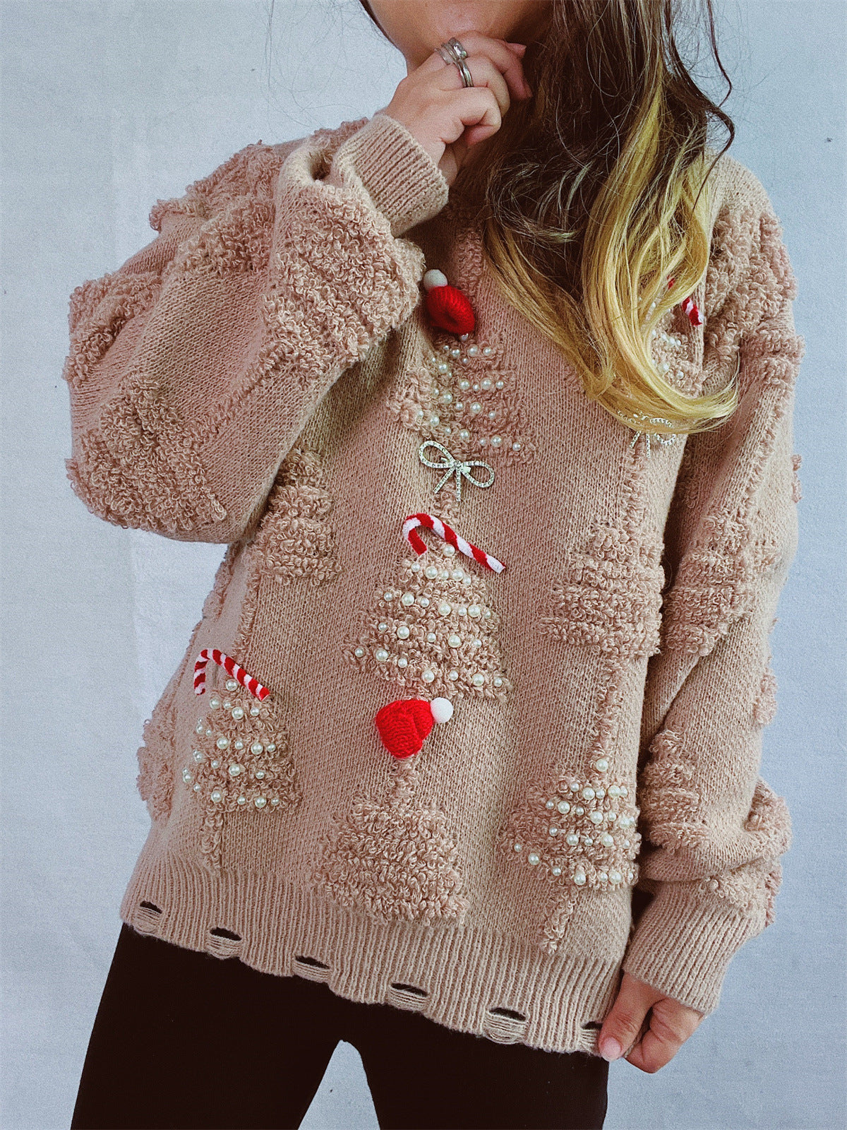 Source Solid Color Handmade Pearl Christmas Three-dimensional Sweaters