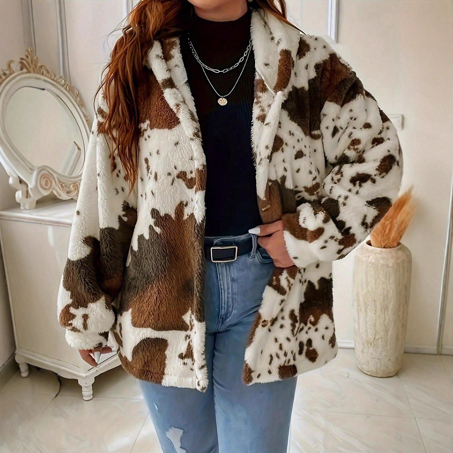 Women's Casual Fashion Plush Cow Print Button Knitwear