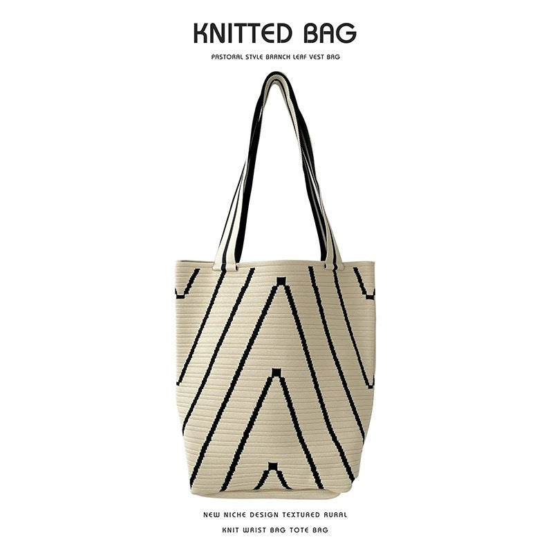 Women's Wave Pattern Large Capacity Totes Fine Woven Open Bucket Bags