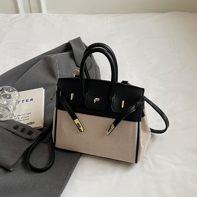 Women's Trendy Summer Lychee Pattern Canvas Contrast Shoulder Bags