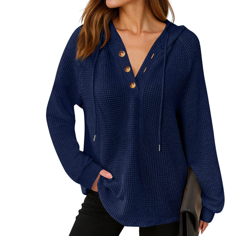 Women's Solid Color Waffle Hooded Button Loose Long Women's Sweater, Sweater