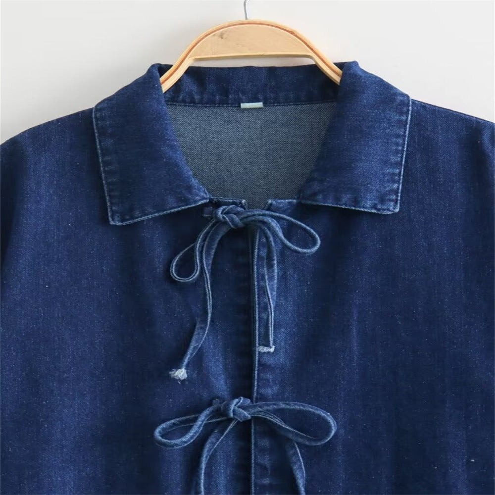 Women's Long Sleeve Washed Pocket Bow Shirt Jackets