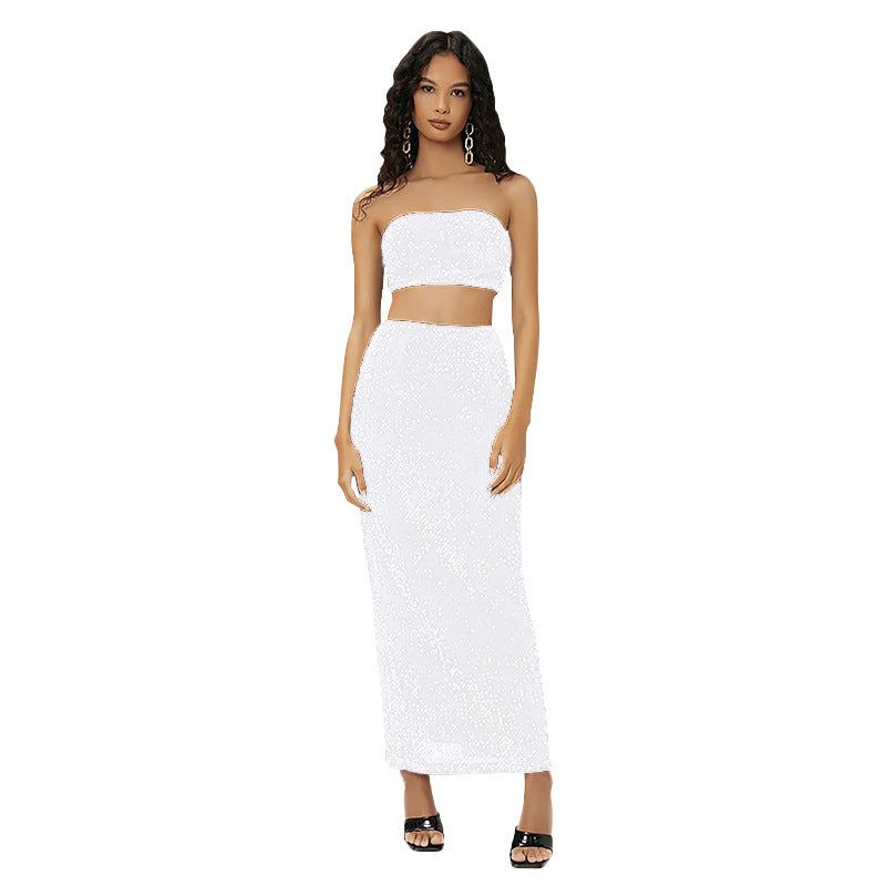 Women's Sequined Backless High-grade Tube Classic Style Casual Suits