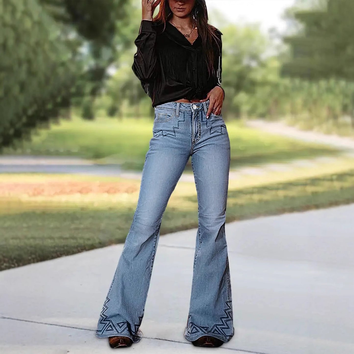 Elegant Creative Versatile Embroidered Denim Bell-bottom Jeans