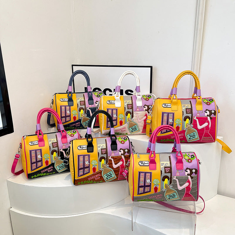 Retro Large Capacity Portable Boston Niche Embroidered Patch Crossbody Bags