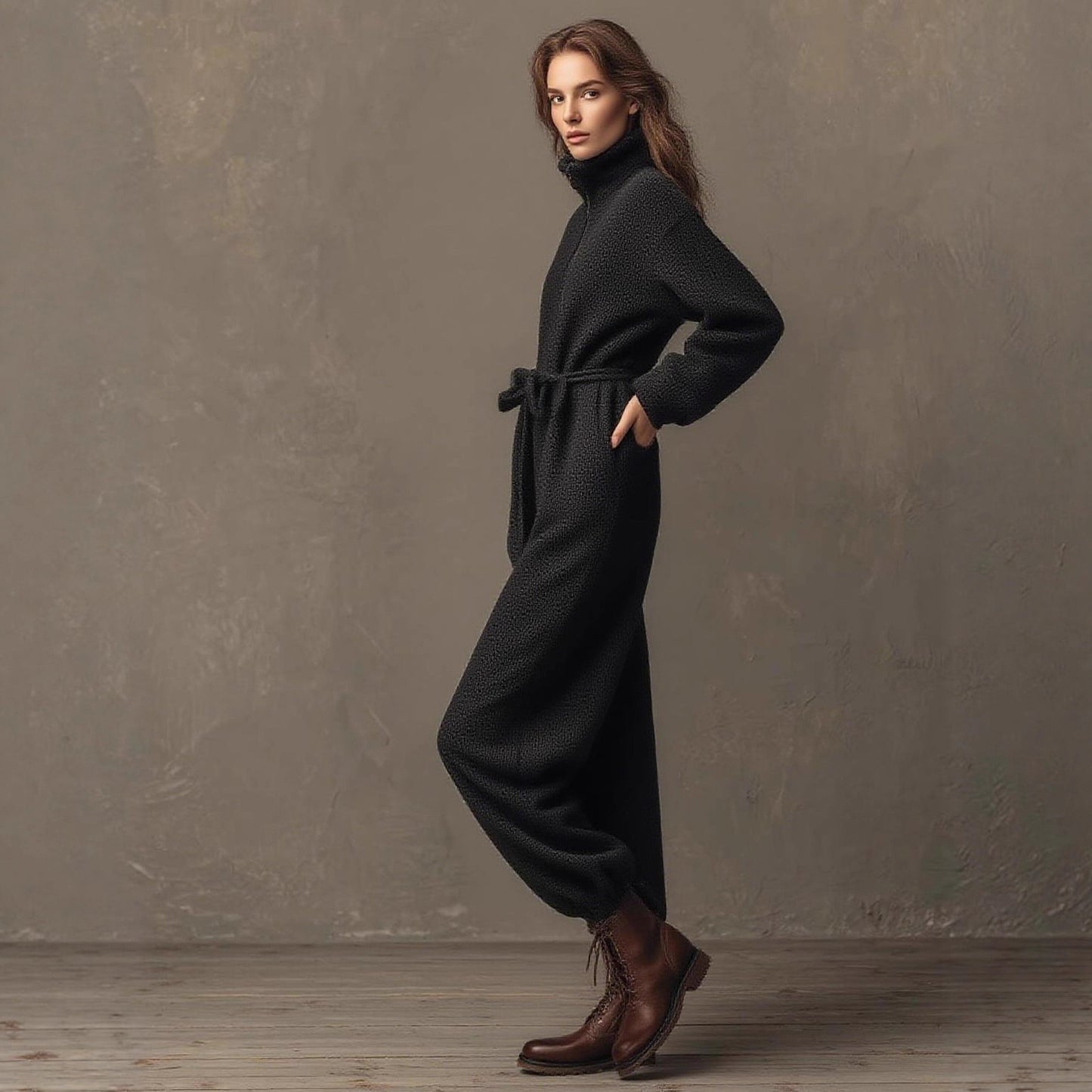 Fashion Casual Zipper Stand Collar Drawstring Jumpsuits