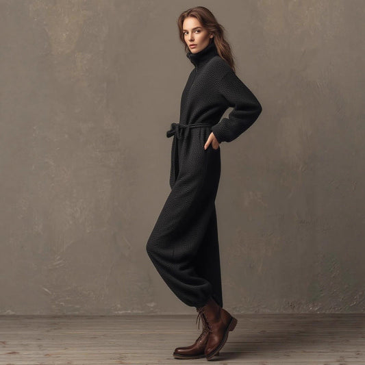 Fashion Casual Zipper Stand Collar Drawstring Jumpsuits