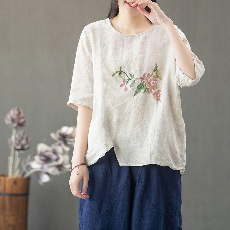 Women's Cotton Linen Summer Thin Embroidered Large Loose Artistic Retro Chinese Women's T-shirt