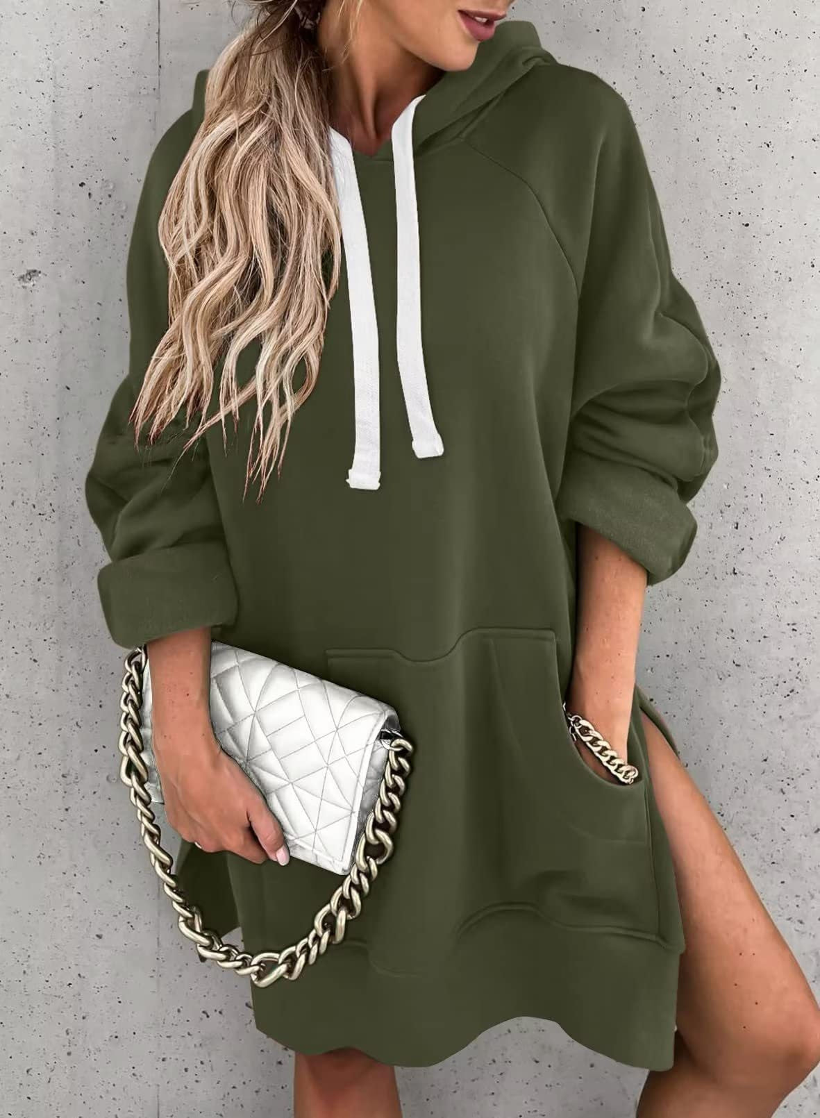 Women's Solid Color Casual Hooded Mouse Bag Rope Brushed Women's Sweater, Sweater