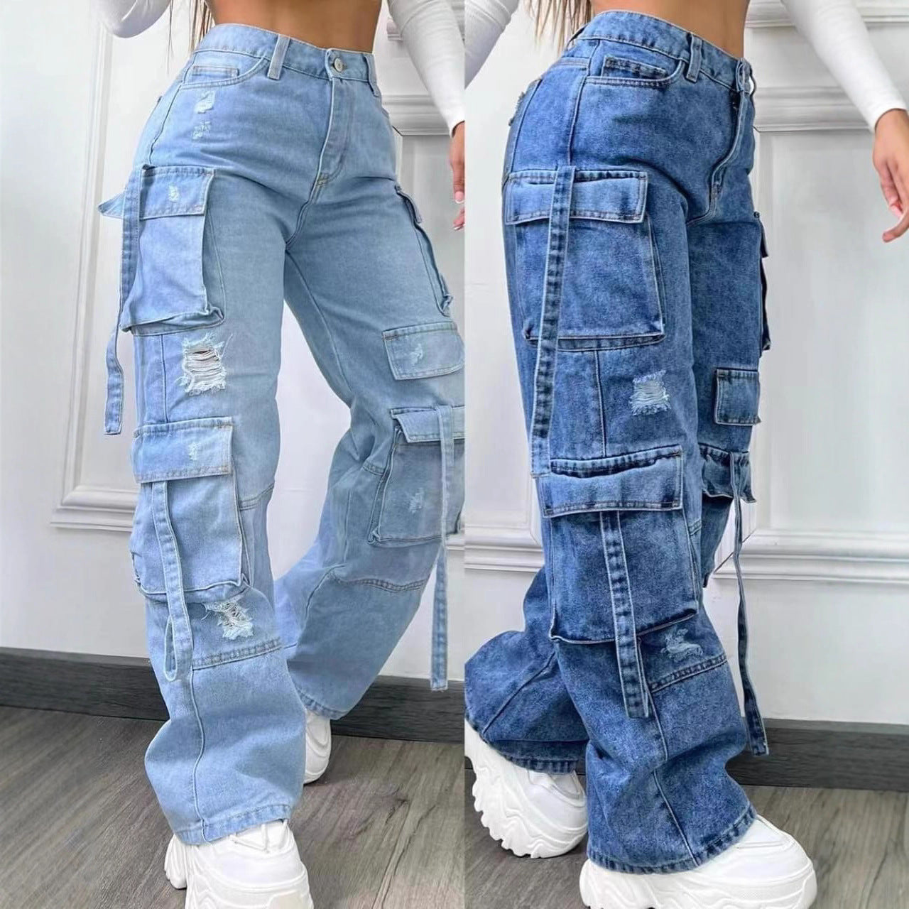 Women's Long Hot Trousers Straight Denim Overalls Style Pants
