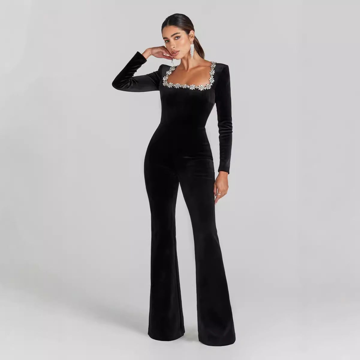 Women's Square Collar Long Sleeve Horn High-grade Jumpsuits