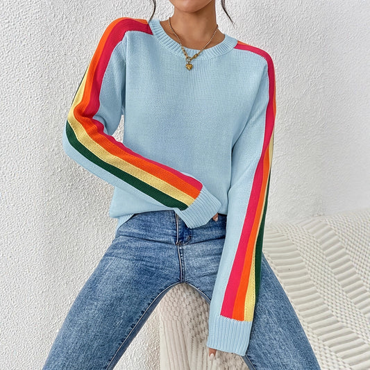 Casual Round Neck Contrast Color Loose Sweaters