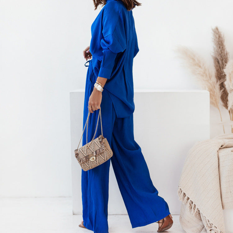 Women's Pure Color Lapel Shirt High Waist Trousers Two-piece Fashion Casual Suit