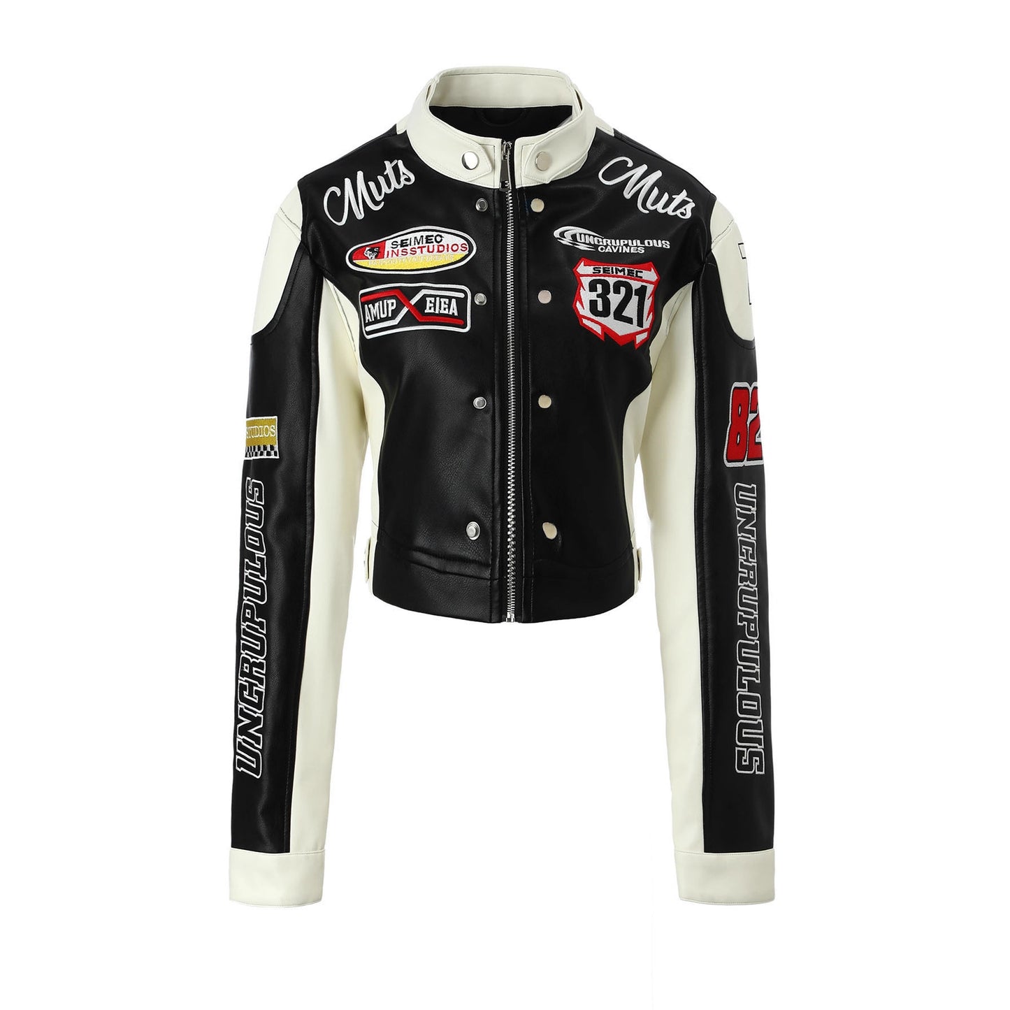 Women's Leather Stand Collar Color Contrast Patchwork Imitation Racing Jackets