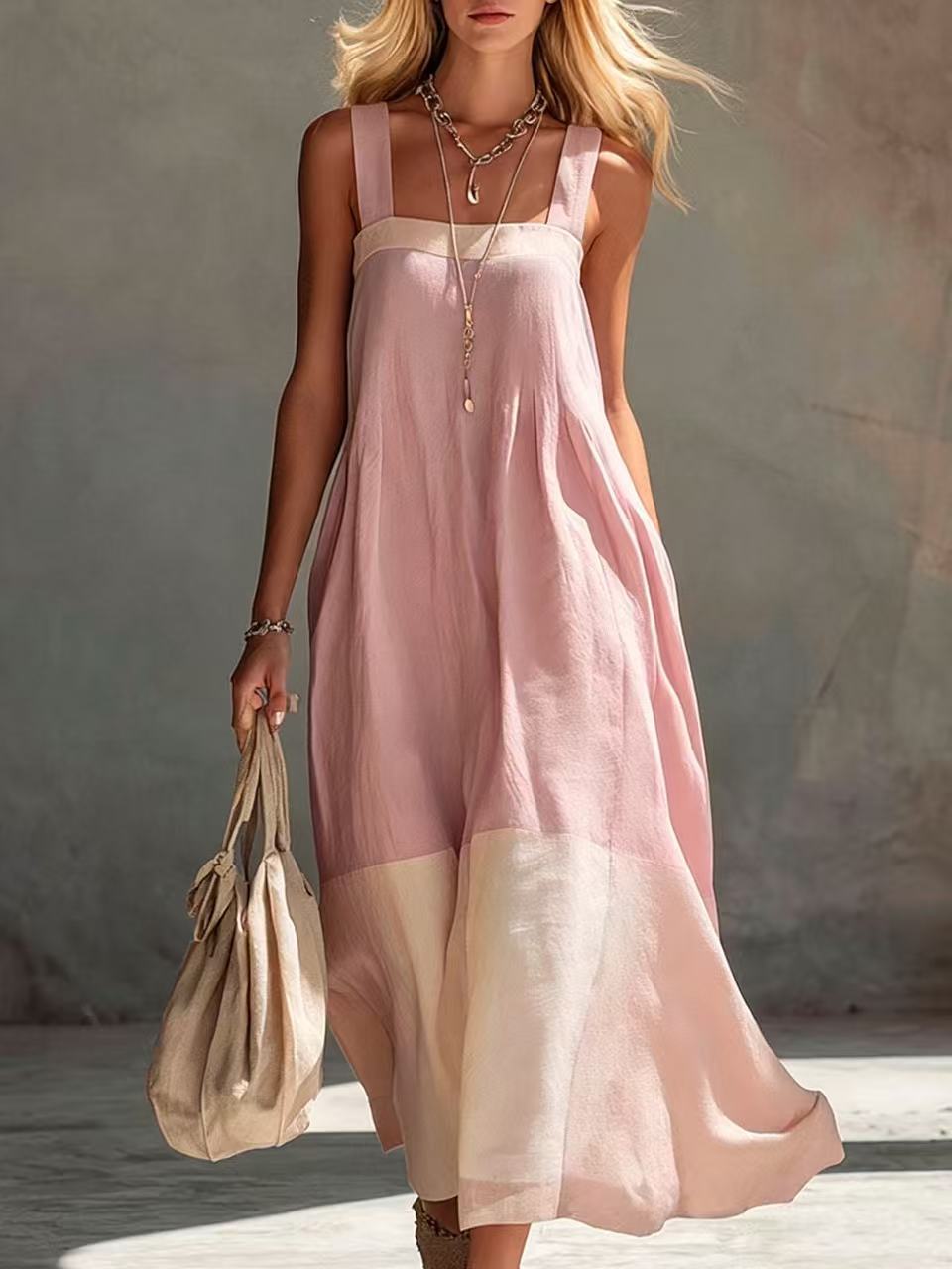 Women's Color Contrast Patchwork Temperament Camisole Long Dress