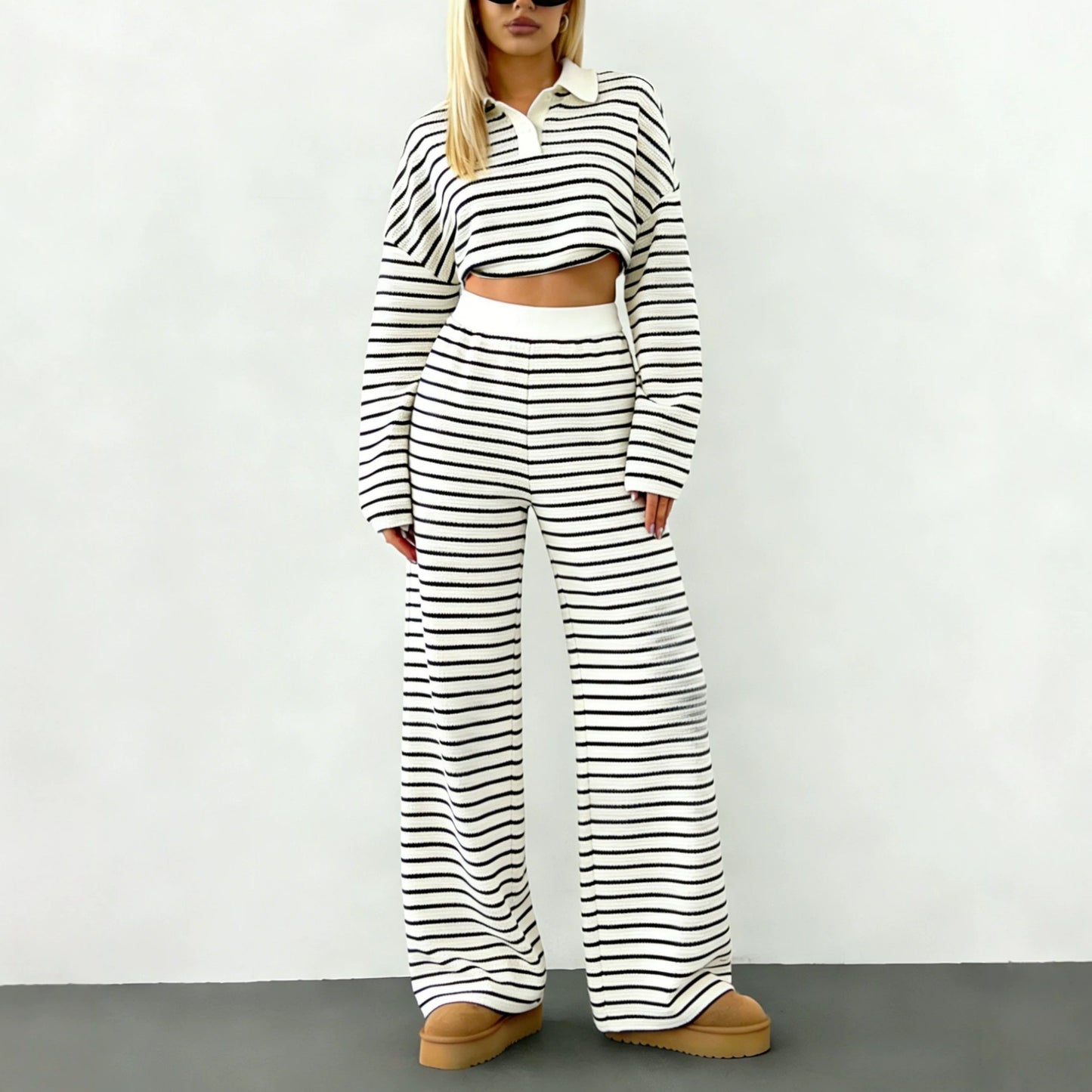 Women's Striped Lapel Fashionable Knitted Loose Long Sleeve Fashion Casual Suit