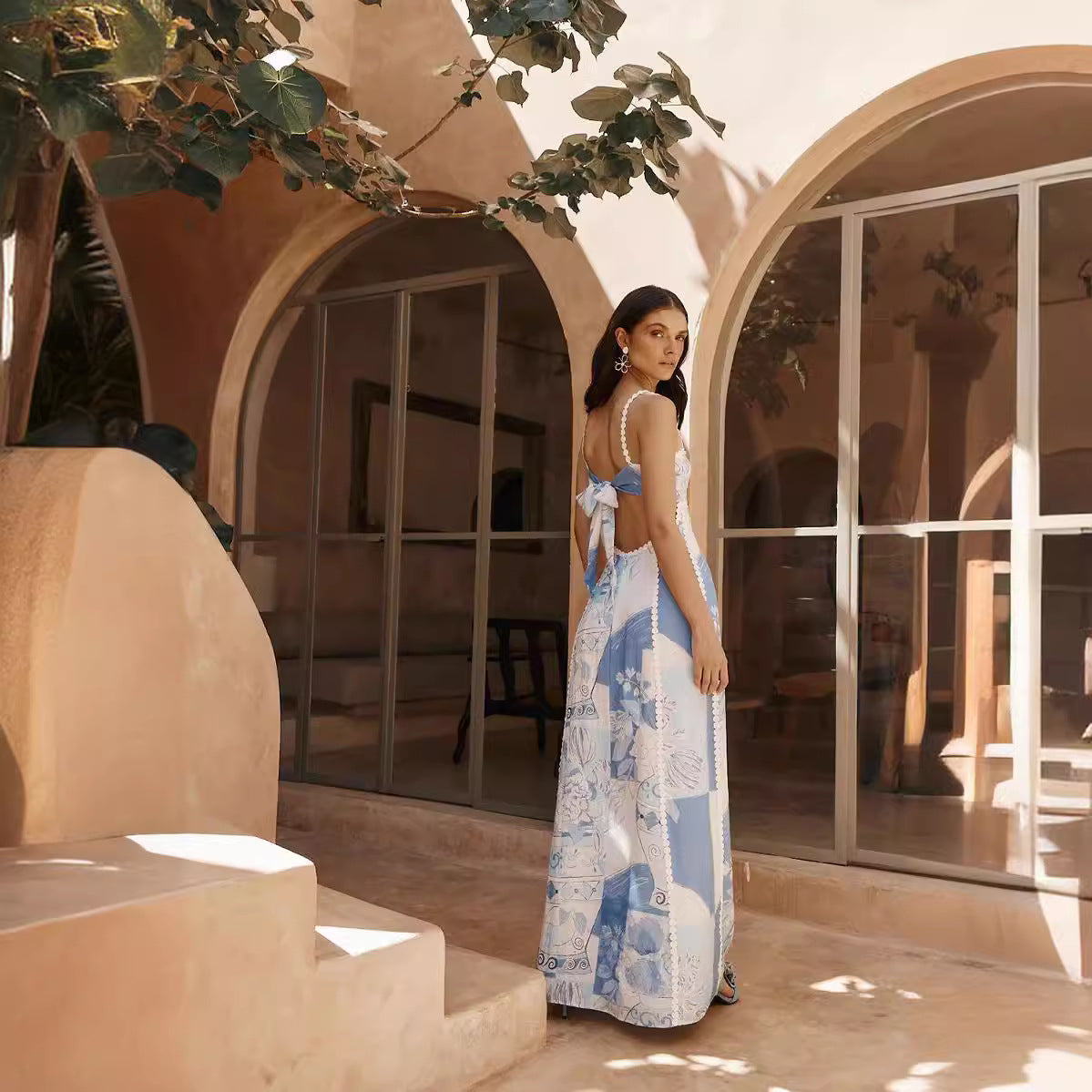 Fashion Linen Printed Sexy Backless Bow Dresses