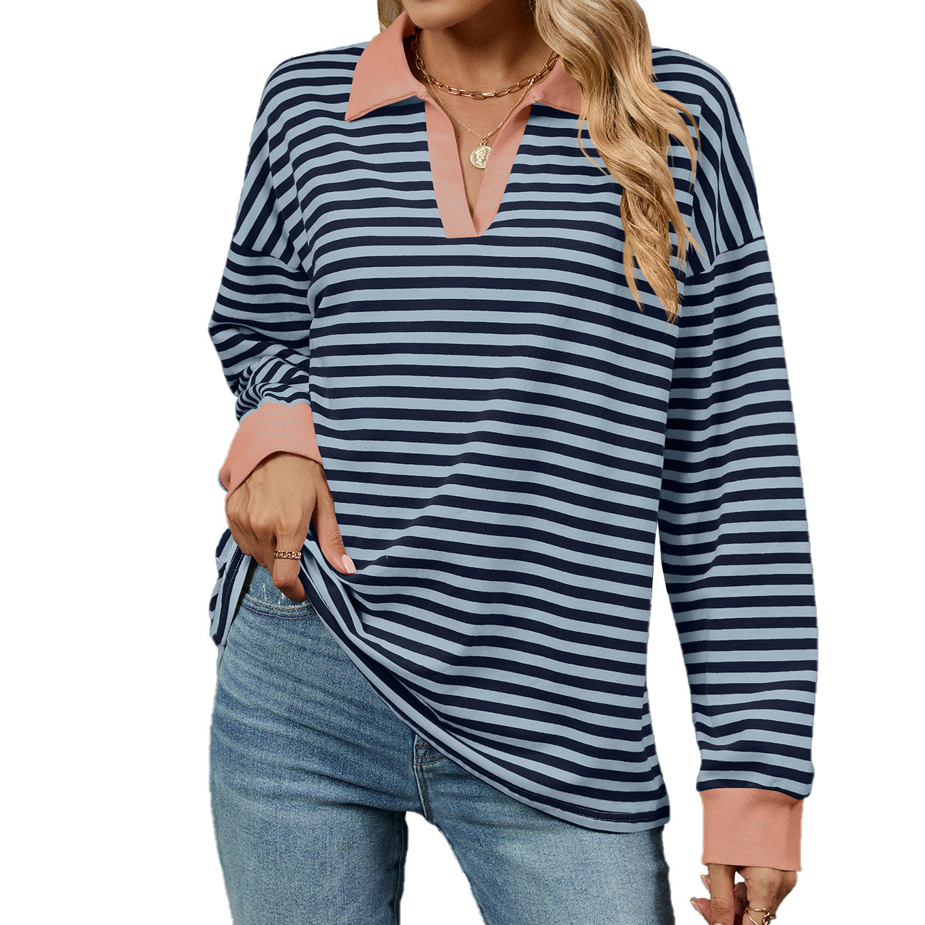 Women's Color Lapels Loose Long Sleeve Striped Women's Sweater, Sweater