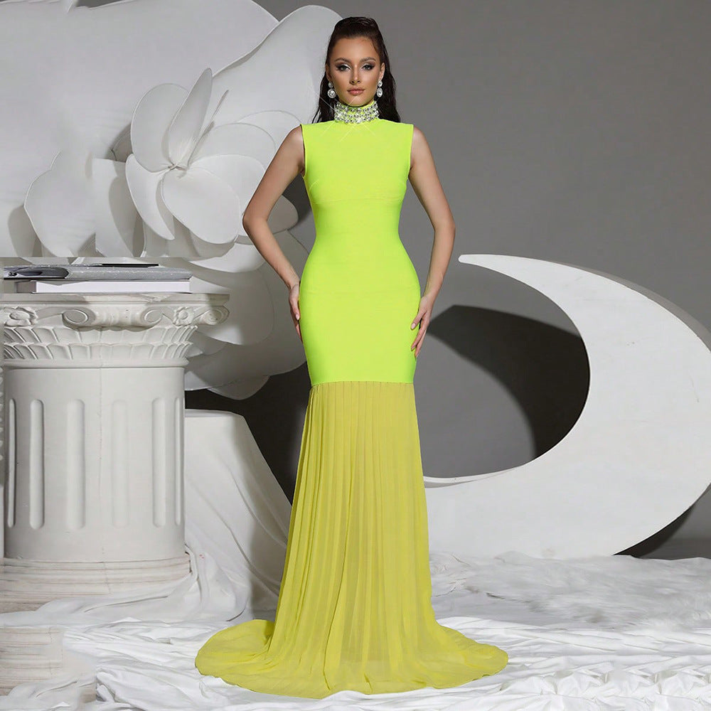 Women's Bandage Mesh Stitching Long Dress Diamond Turtleneck Dresses