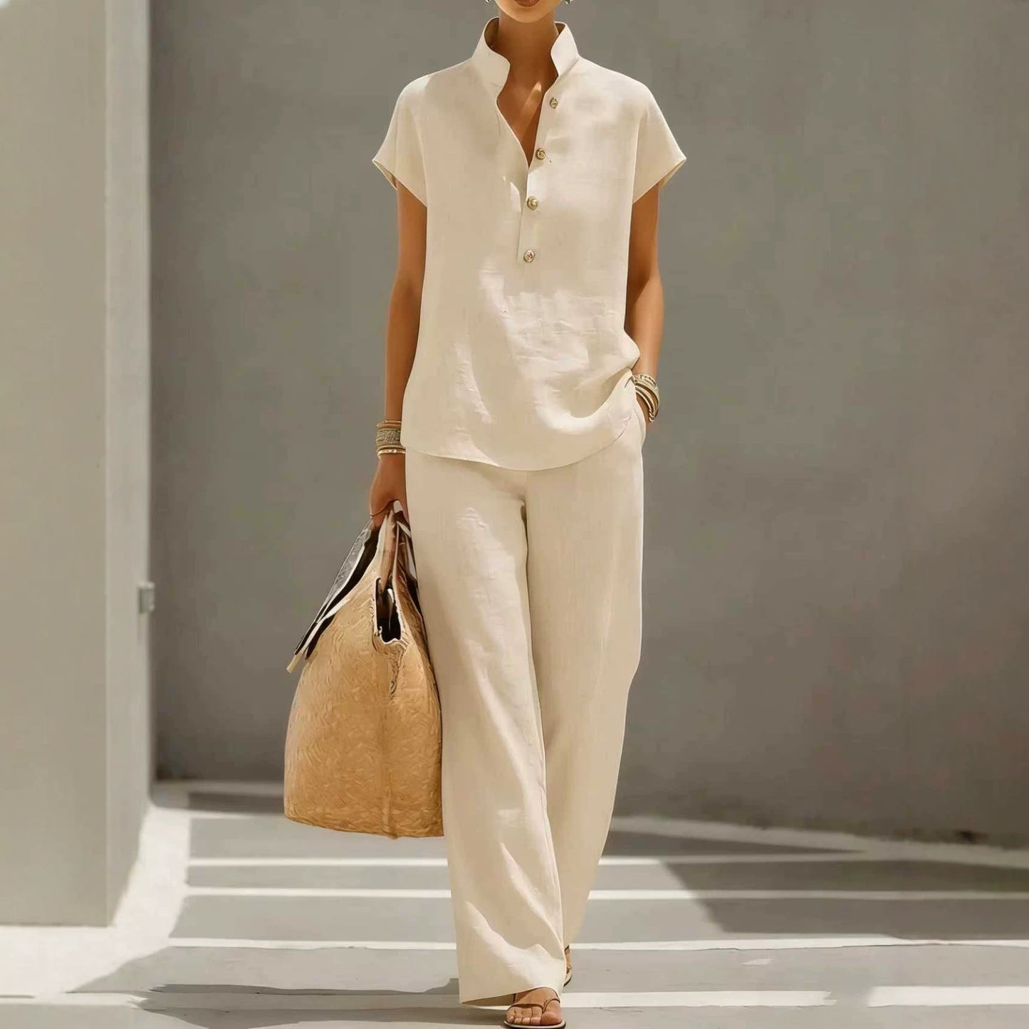 Women's Two-piece Summer Solid Color Sleeve Shirt Trousers Shorts