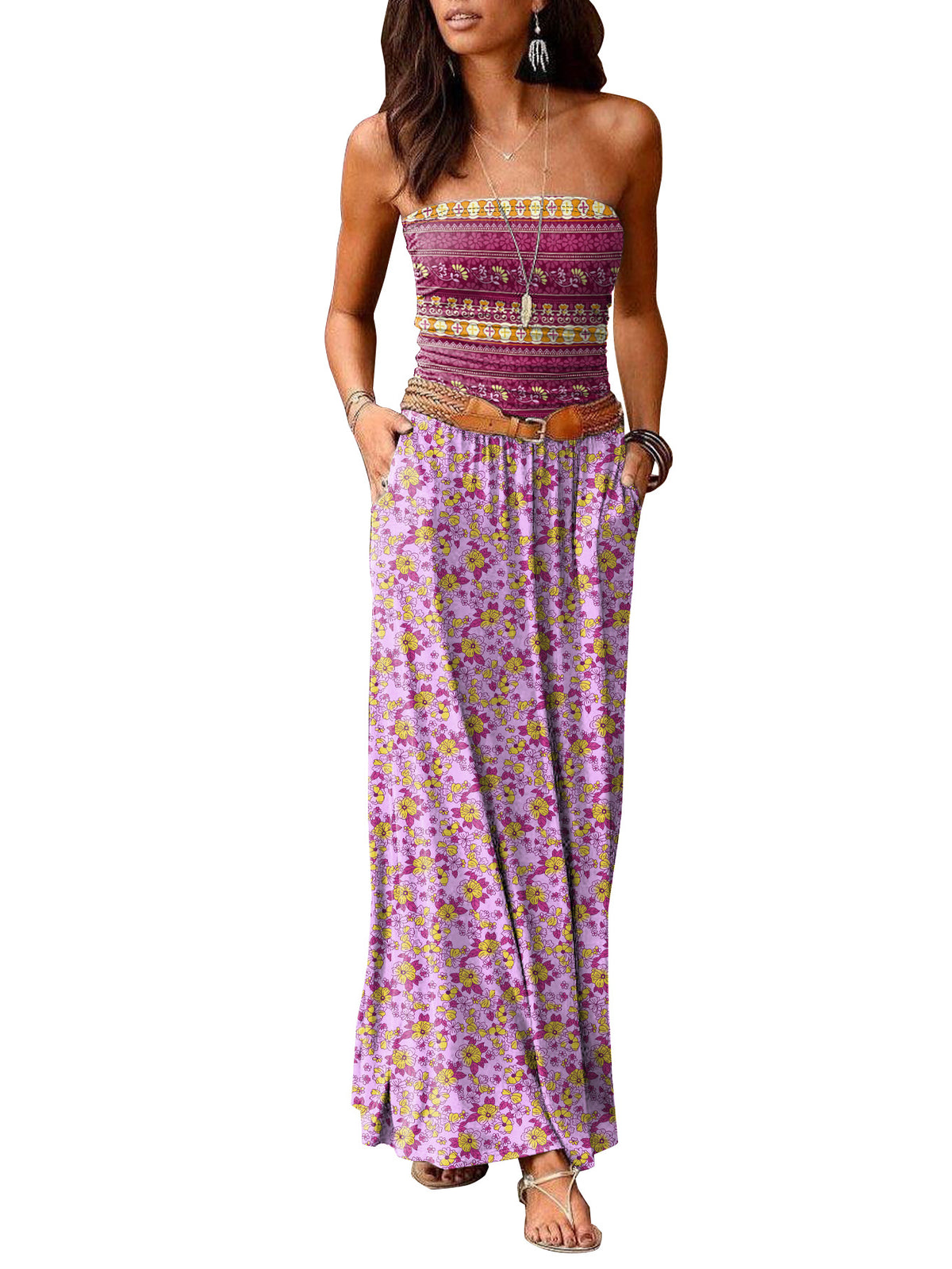 Women's Collar Sleeveless Cold-shoulder Long Double Pocket Dress