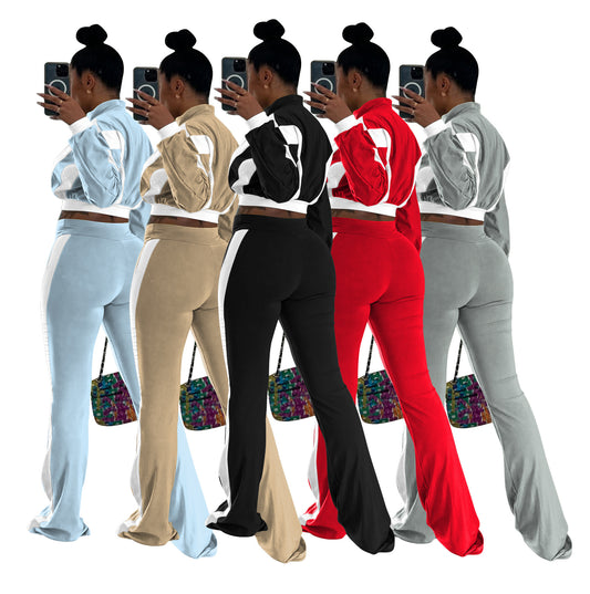 Women's Color Matching Design Slim Fit Bell-bottom Long Suits