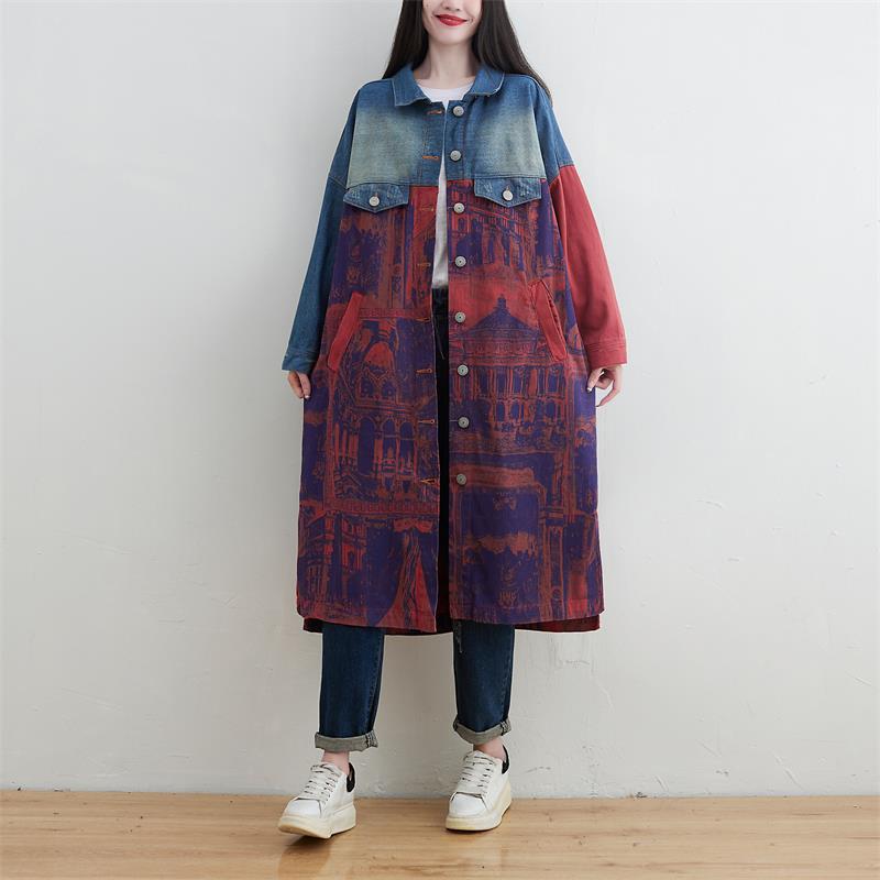 Women's Large Stitching Denim Trench Korean Style Overknee Coats