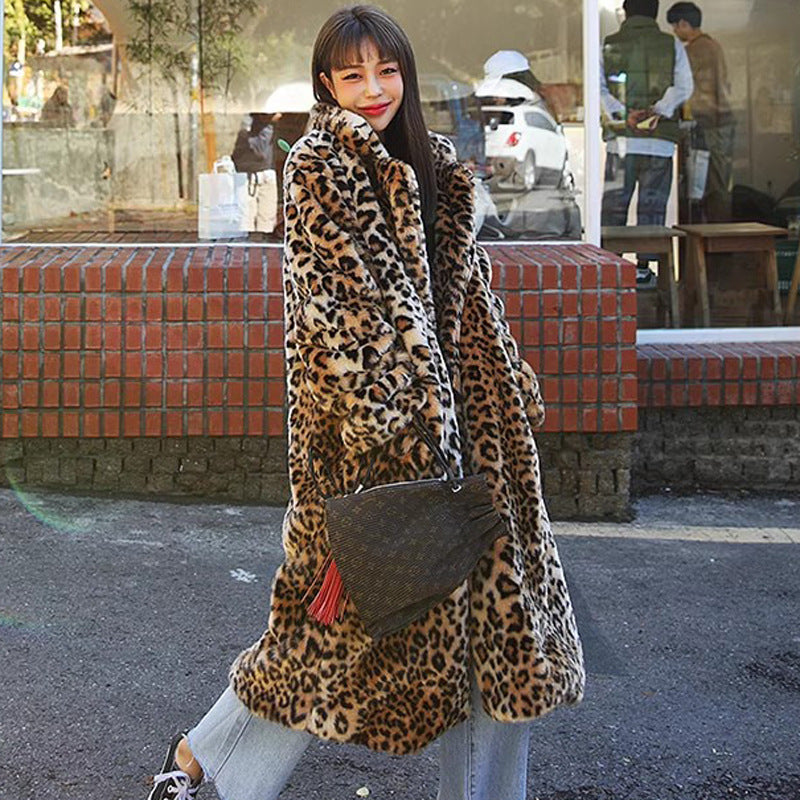 Women's Kendall Long Imitation Fur Leopard Thickened Coats