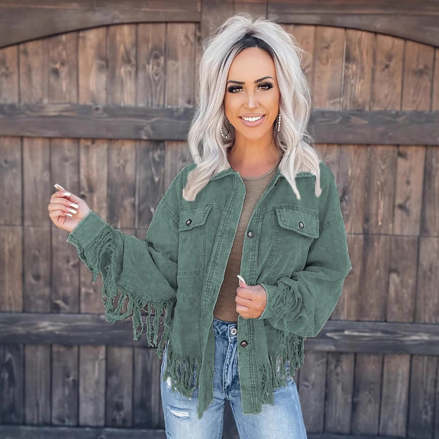 Casual Street Style Stitching Tassel Washed Coats