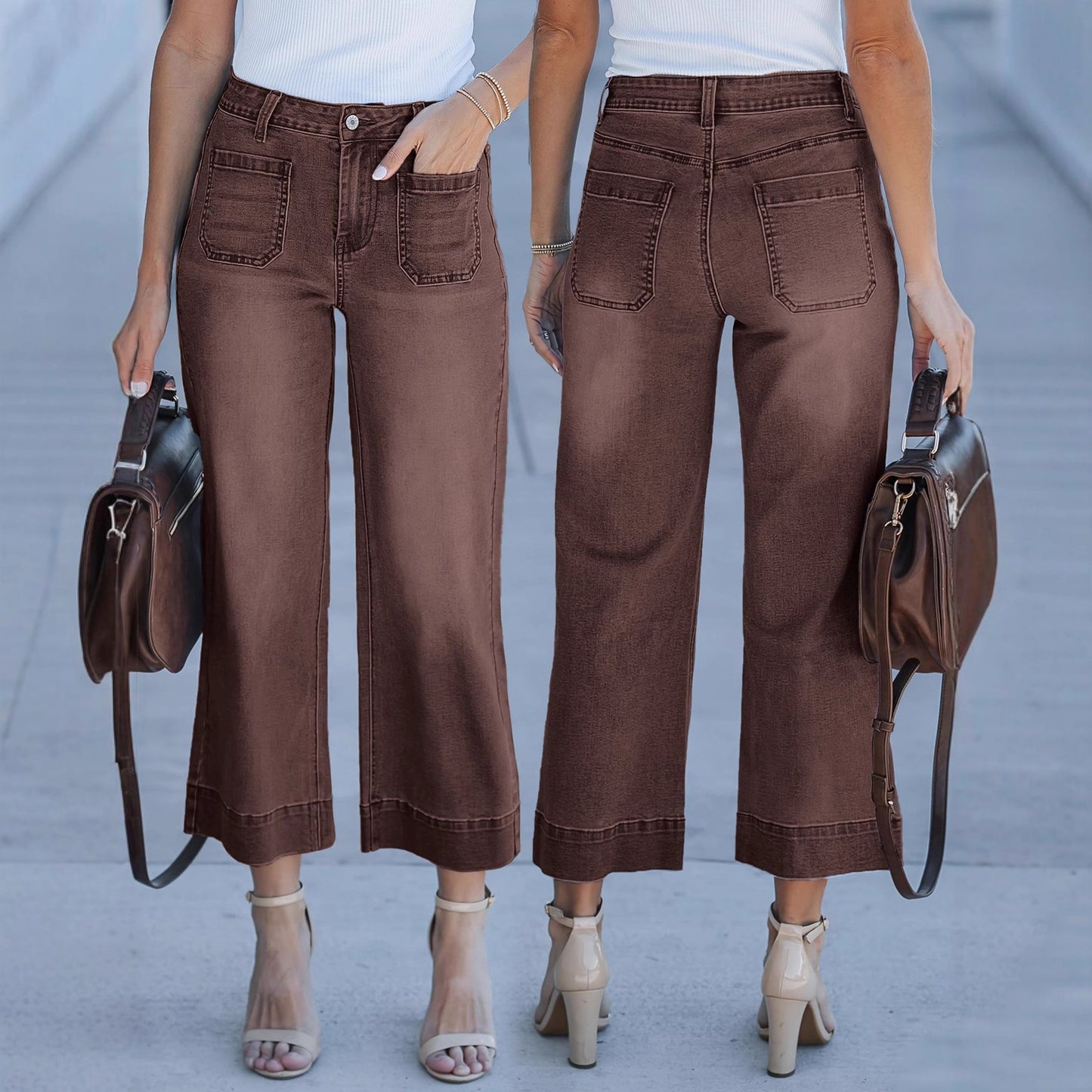 Loose Slimming Wide Leg Washed Cropped Women's Jeans