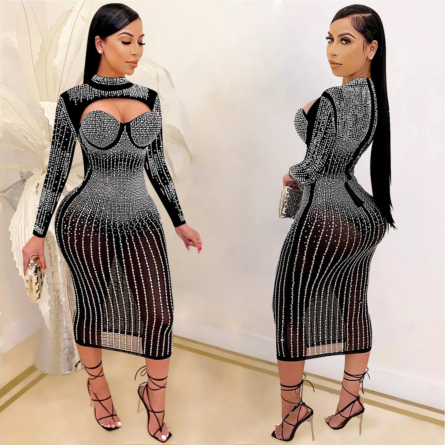Women's Fashion Wear Nightclub Mesh Rhinestone Strap Dresses