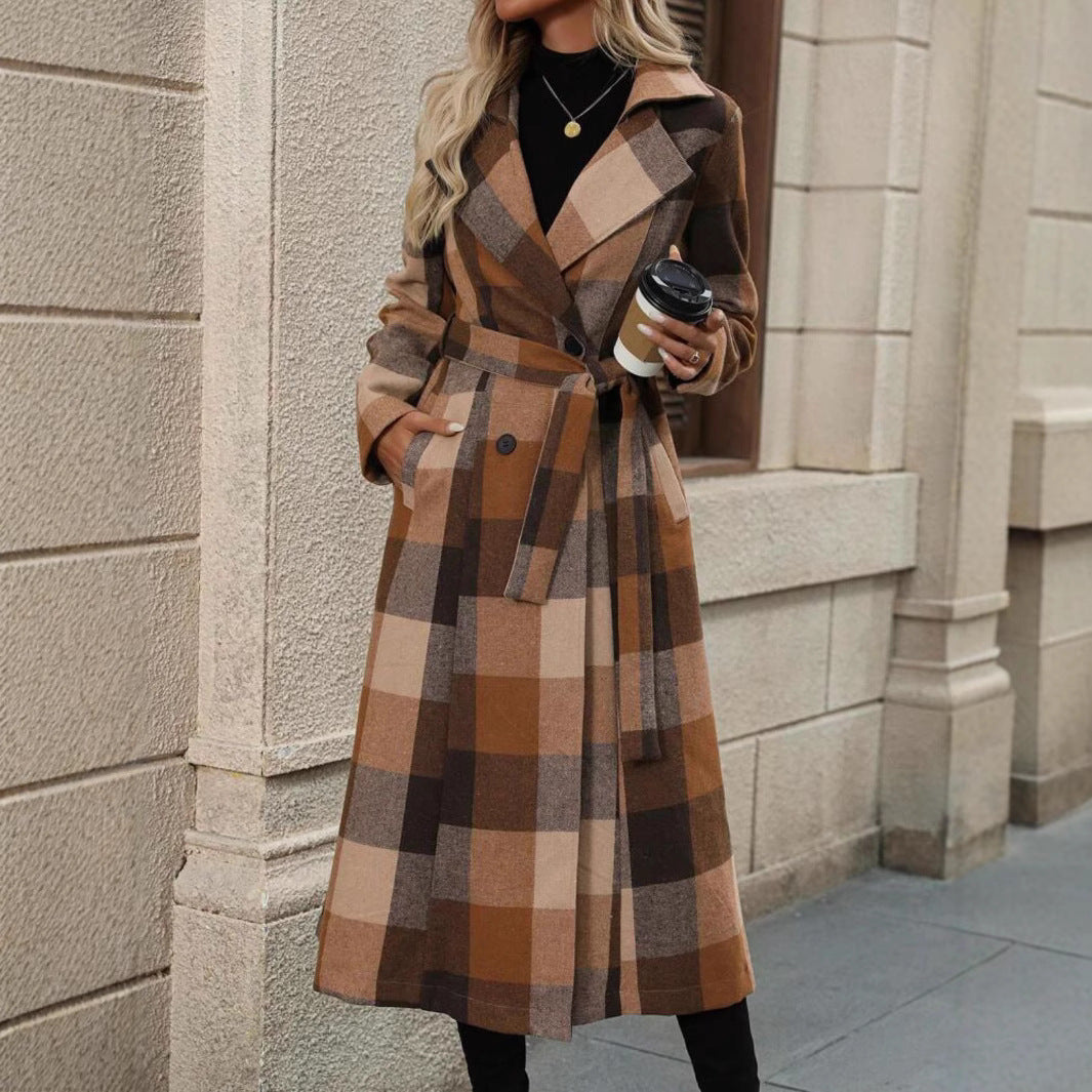 Women's British Style Belt Extended Plaid Trench Coats