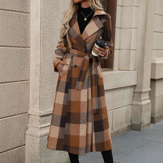 Women's British Style Belt Extended Plaid Trench Coats