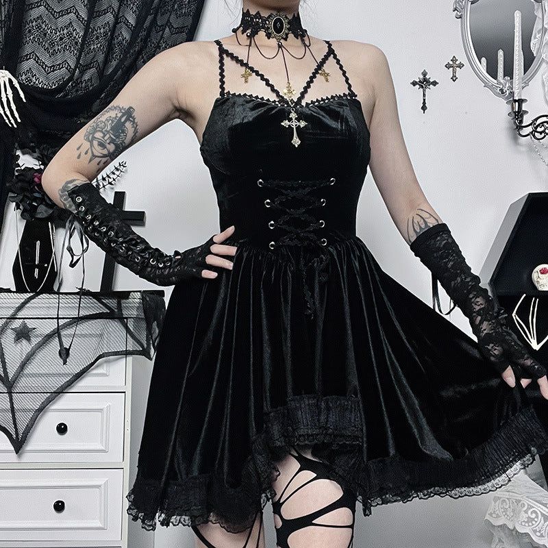 Women's Halloween Dark Suede Dress Sexy Lace Skirts
