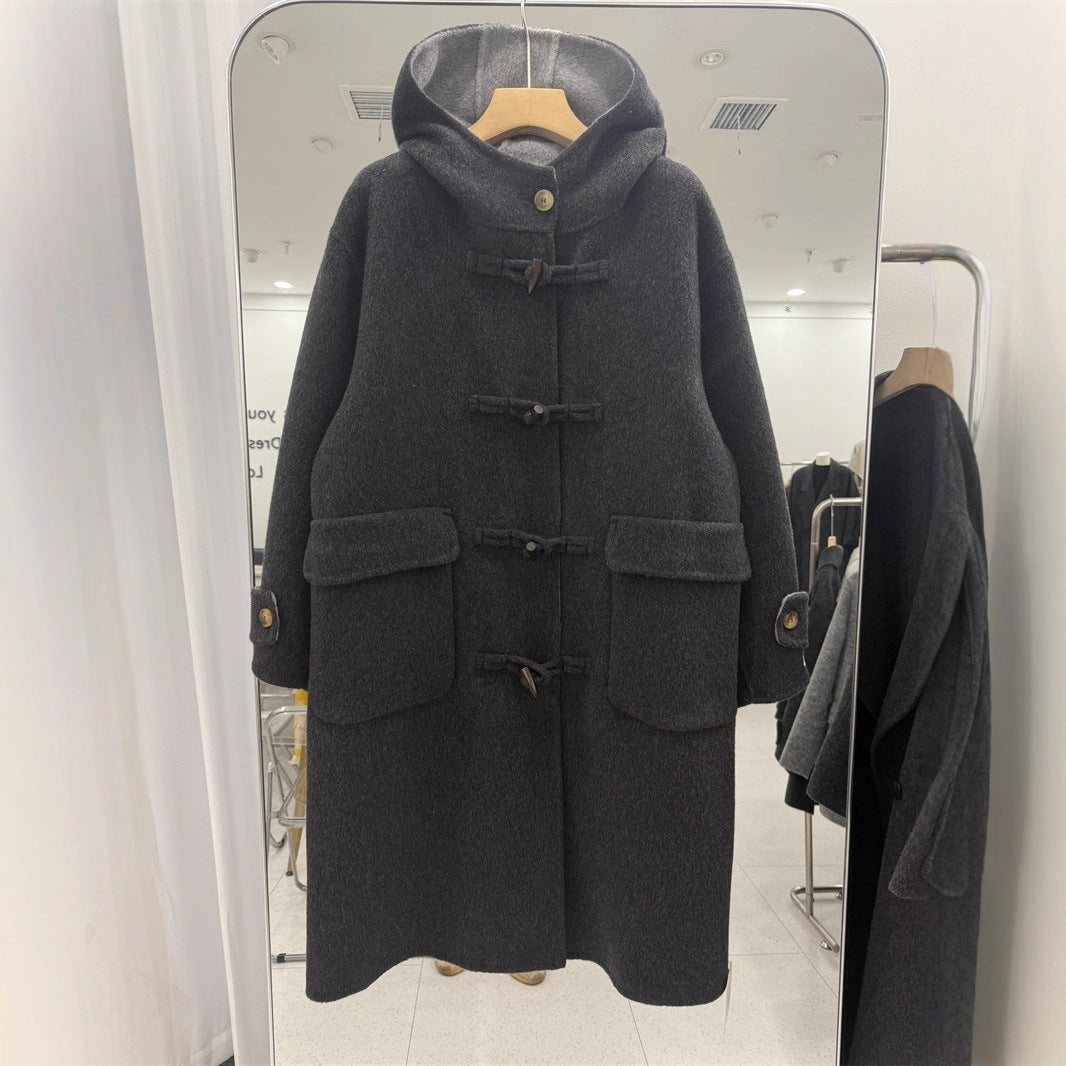 Women's Button Double-sided Wool Overcoat Loose Hooded Alpaca Coats