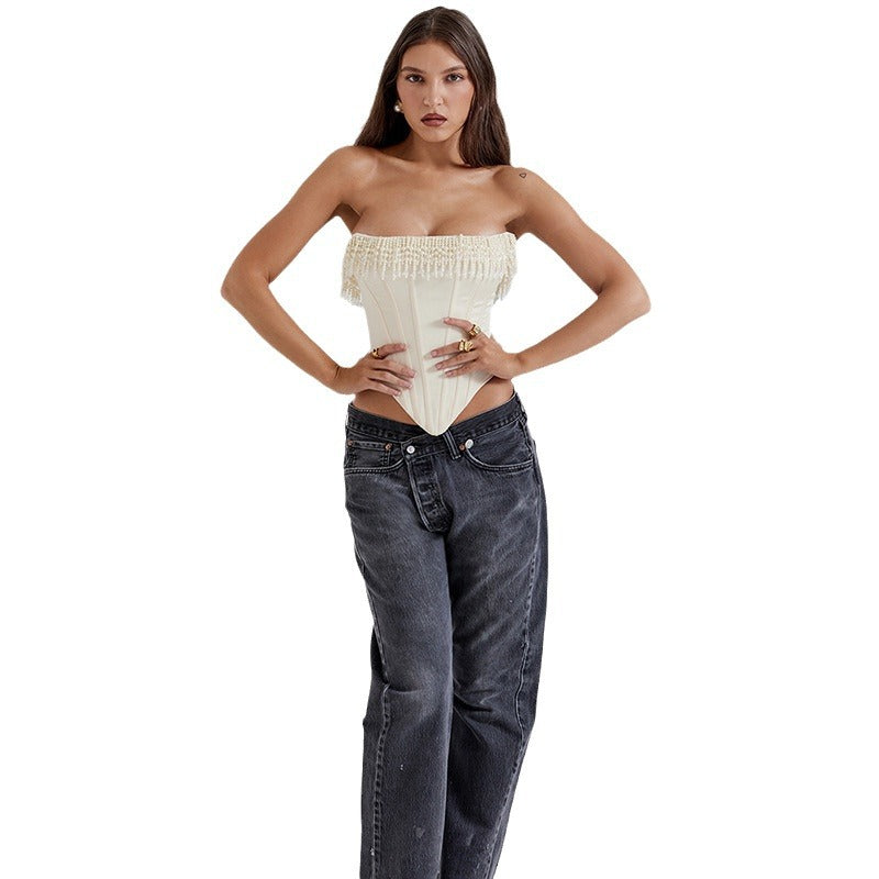 Solid Color Sexy Pearl Tube Sleeveless Tops